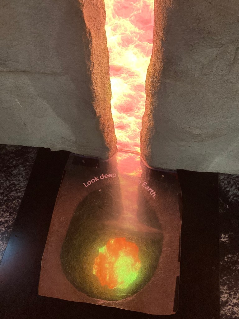 Line of pretend lava trickling between stone walls to a hole labeled "Look deep into the Earth," with more pretend lava pooling at the bottom.