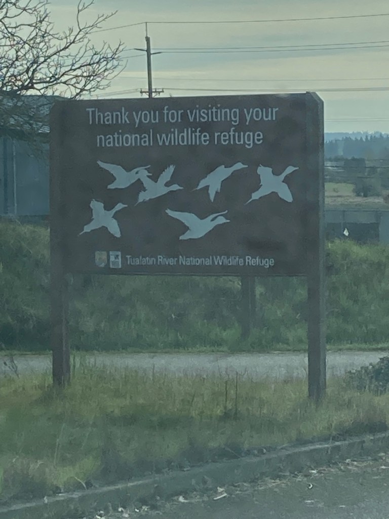 Wooden sign saying "Thank you for visiting your national wildlife refuge" with while silhouettes of geese flying and "Tualatin River National Wildlife Refuge" at the bottom.
